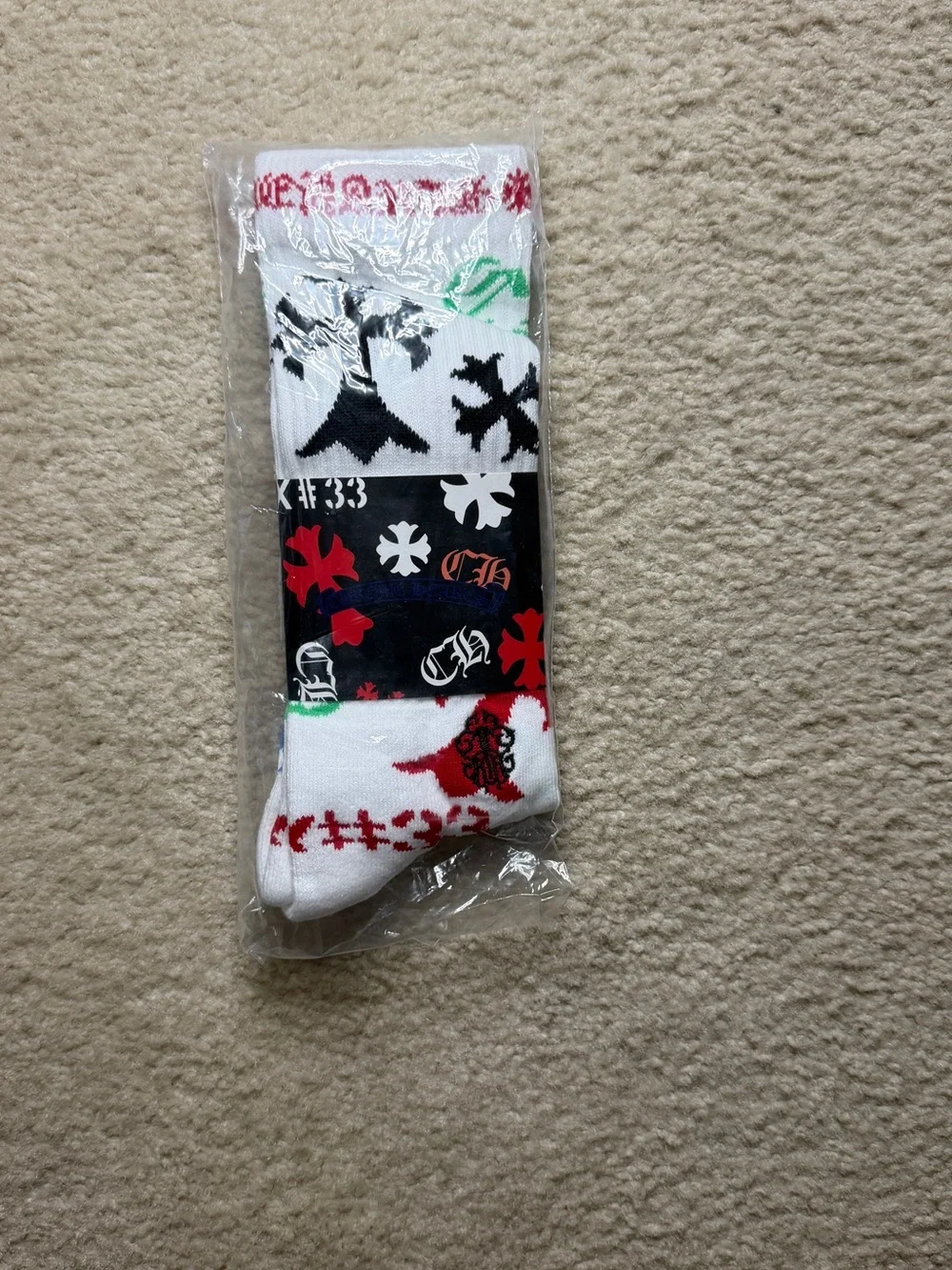 Men's White Graphic Crew Socks - Red & Black Accents